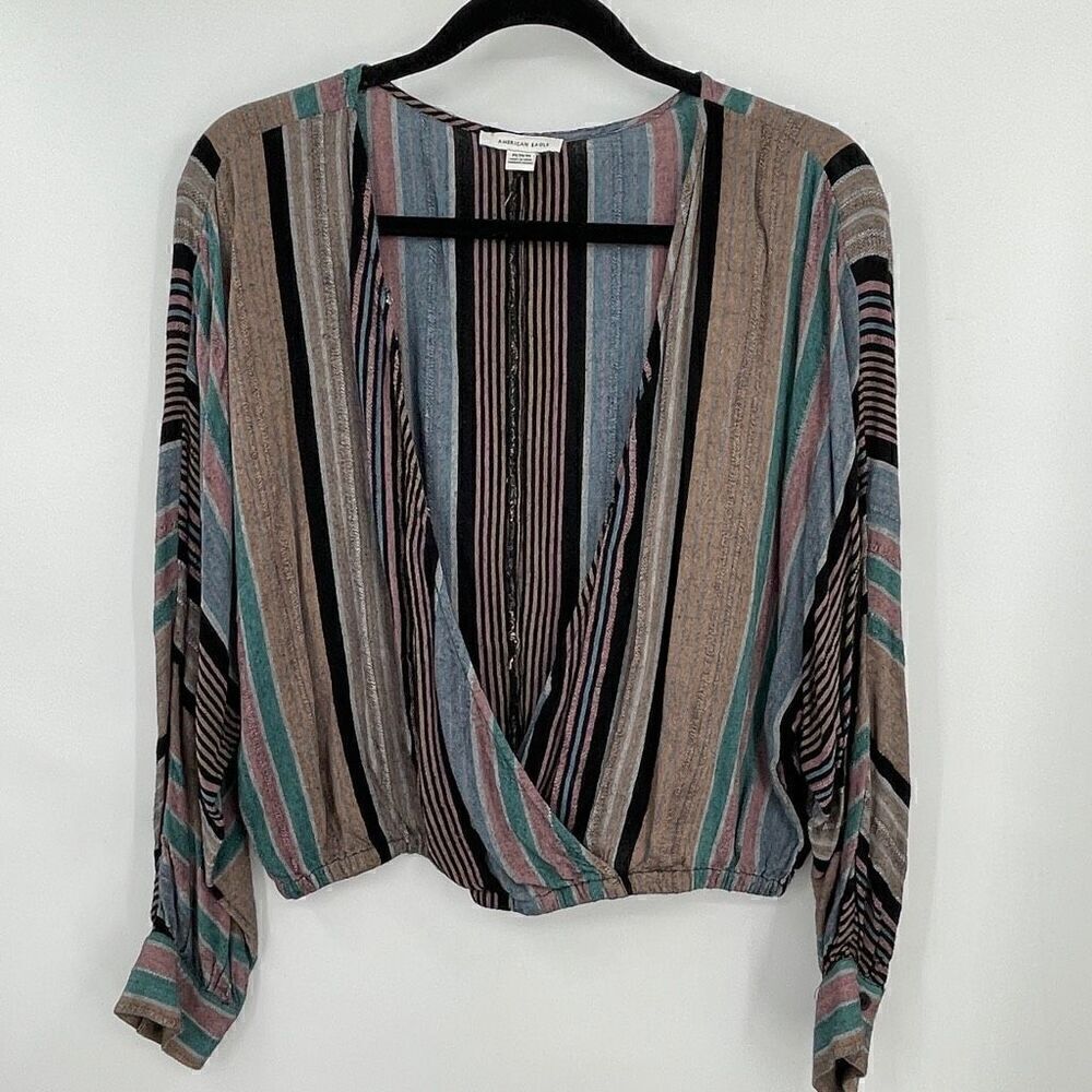 American Eagle Multicolor Striped Open Front Cropped Blouse Medium